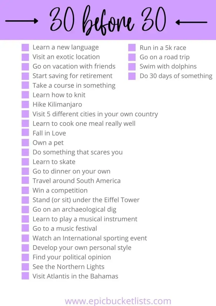 30 before 30 Bucket list