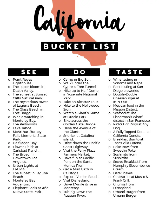 free printable California bucket list