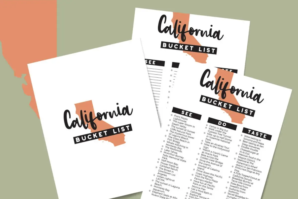 free printable California bucket list