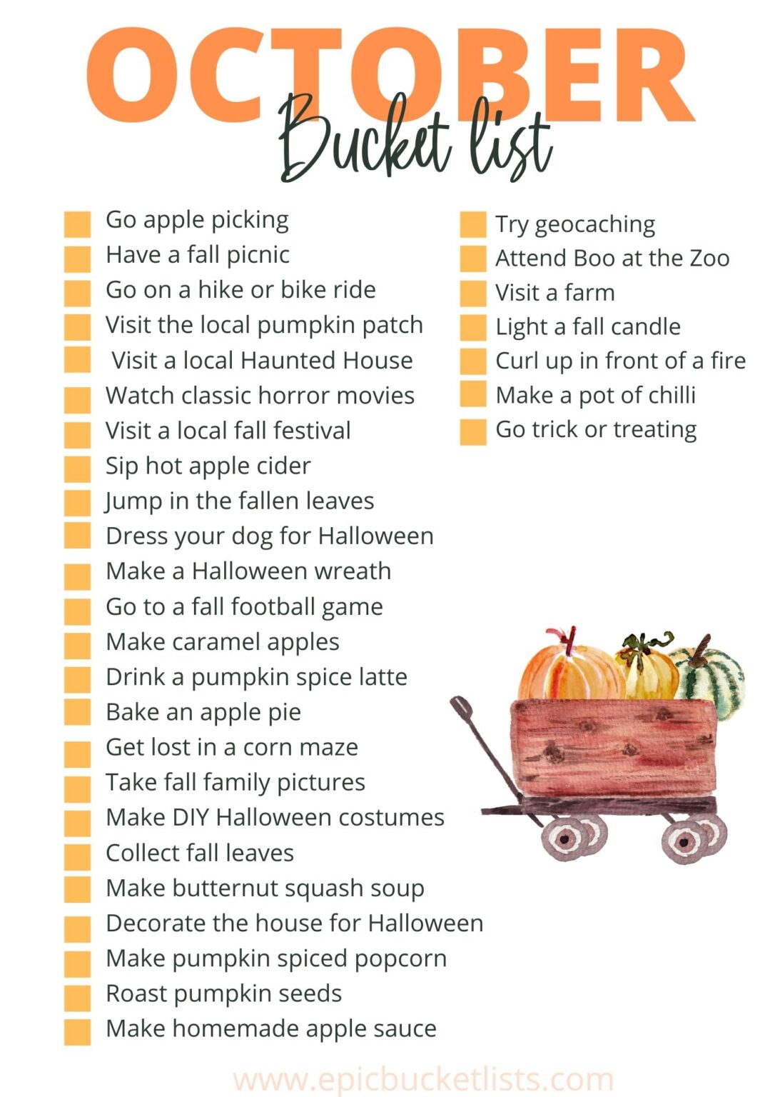 Free Printable October Bucket List 31 Things To Do In October