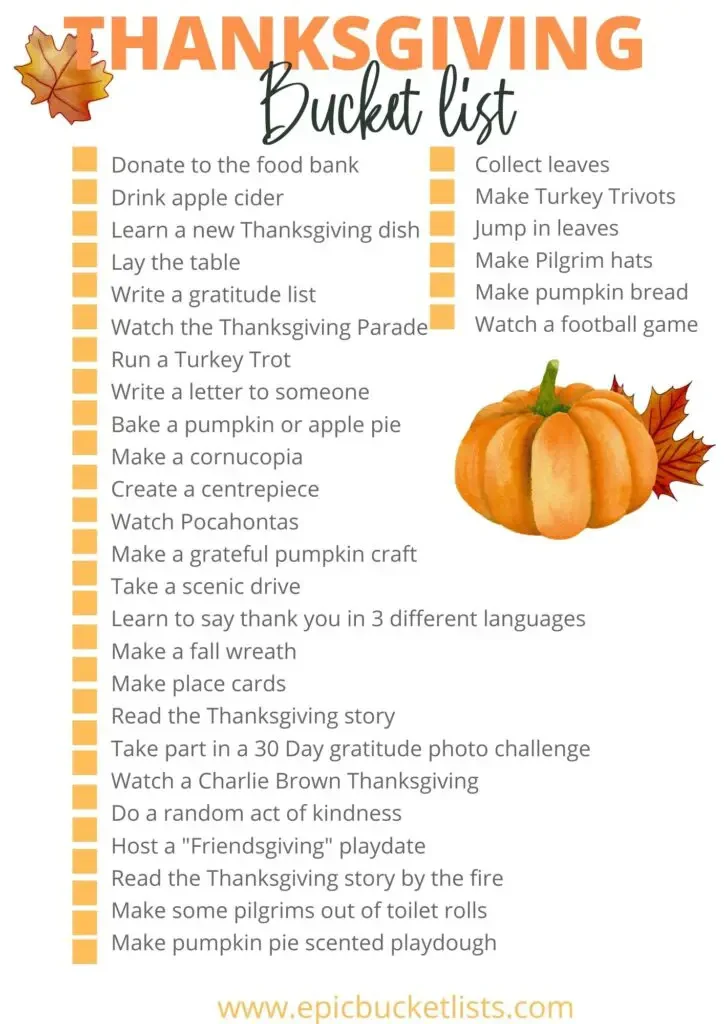 Thanksgiving Bucket List Free printable