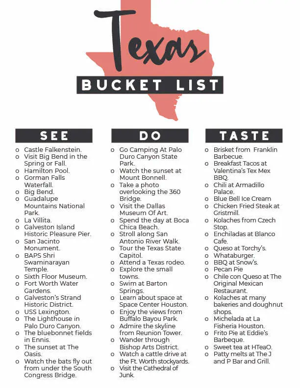 Texas bucket list printable